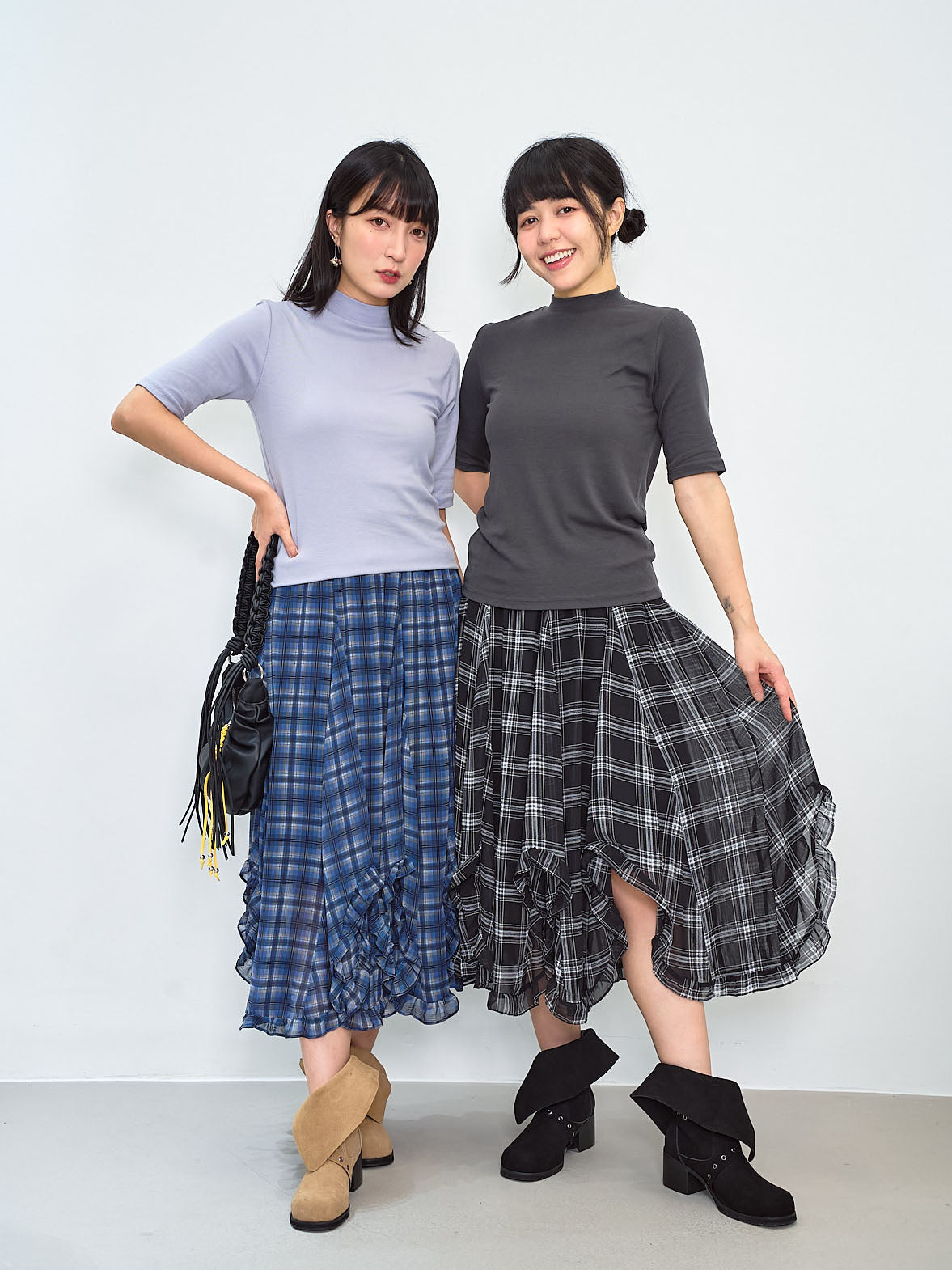 Ruffle Curve Hem Checkered Printed Skirt (2 Colours)