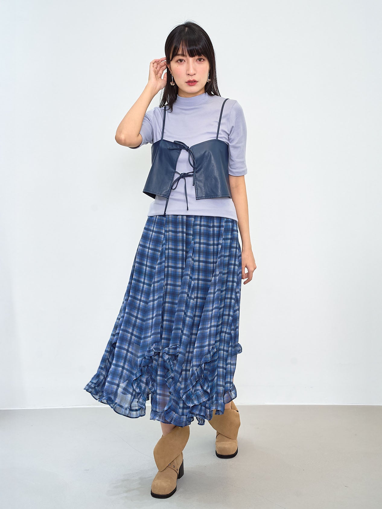 Ruffle Curve Hem Checkered Printed Skirt (2 Colours)