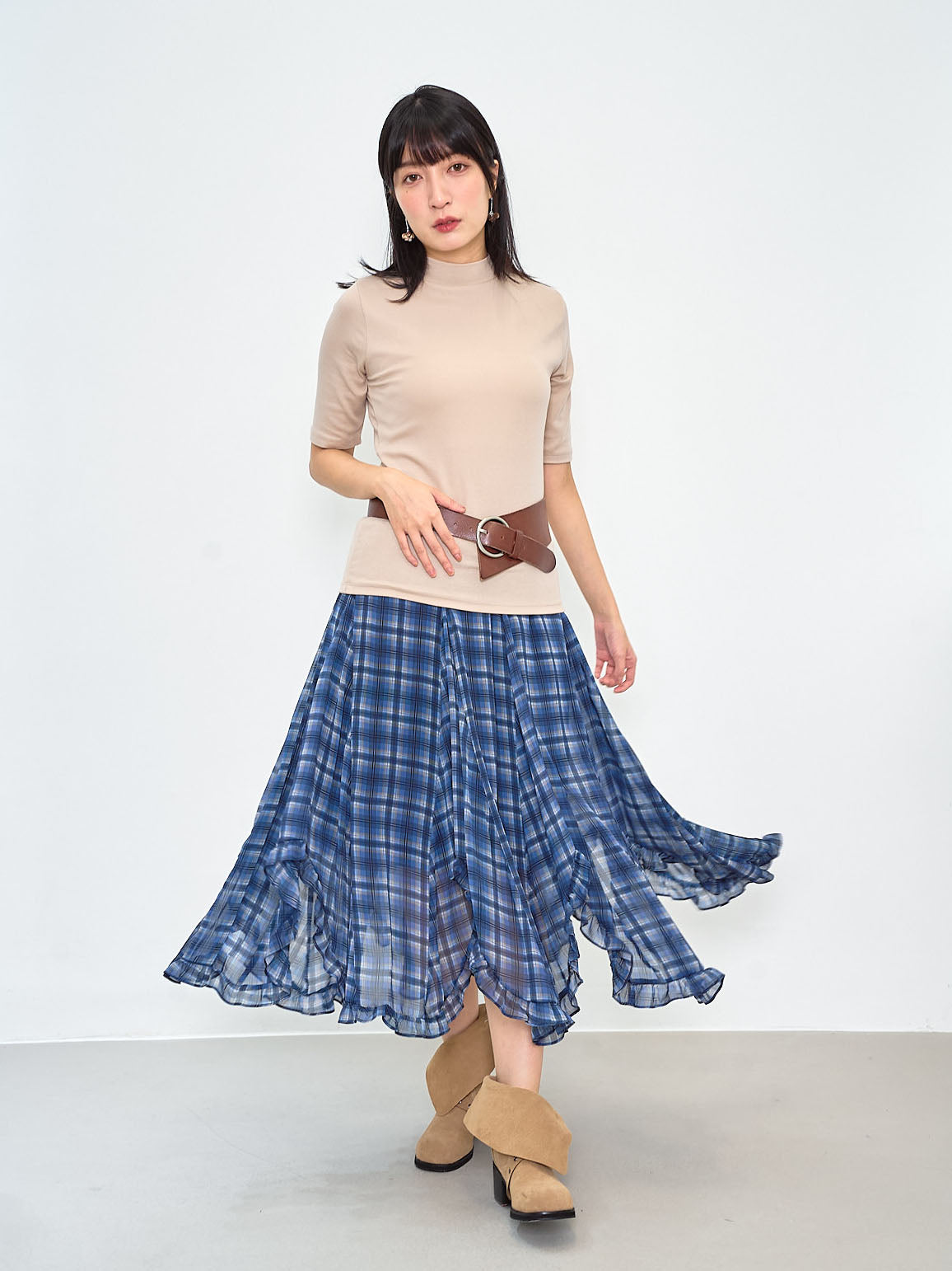 Ruffle Curve Hem Checkered Printed Skirt (2 Colours)