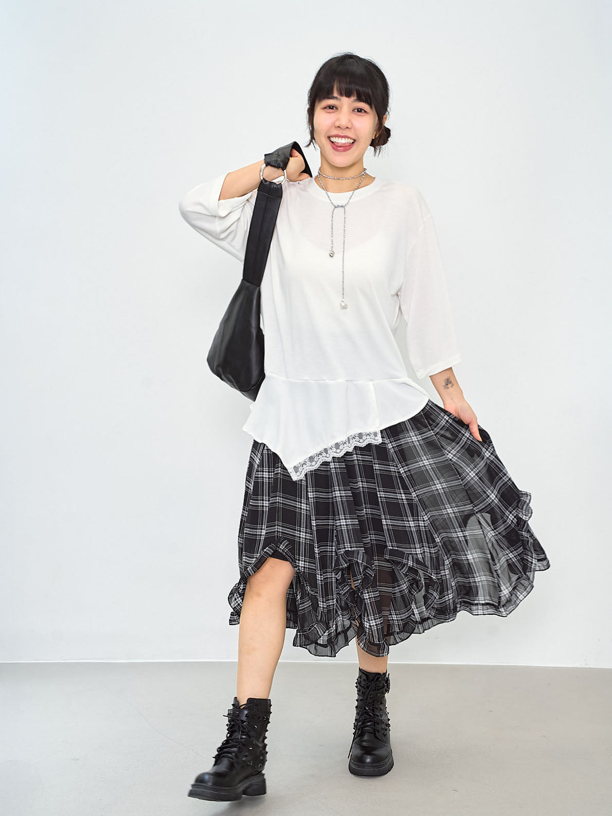 Ruffle Curve Hem Checkered Printed Skirt (2 Colours)