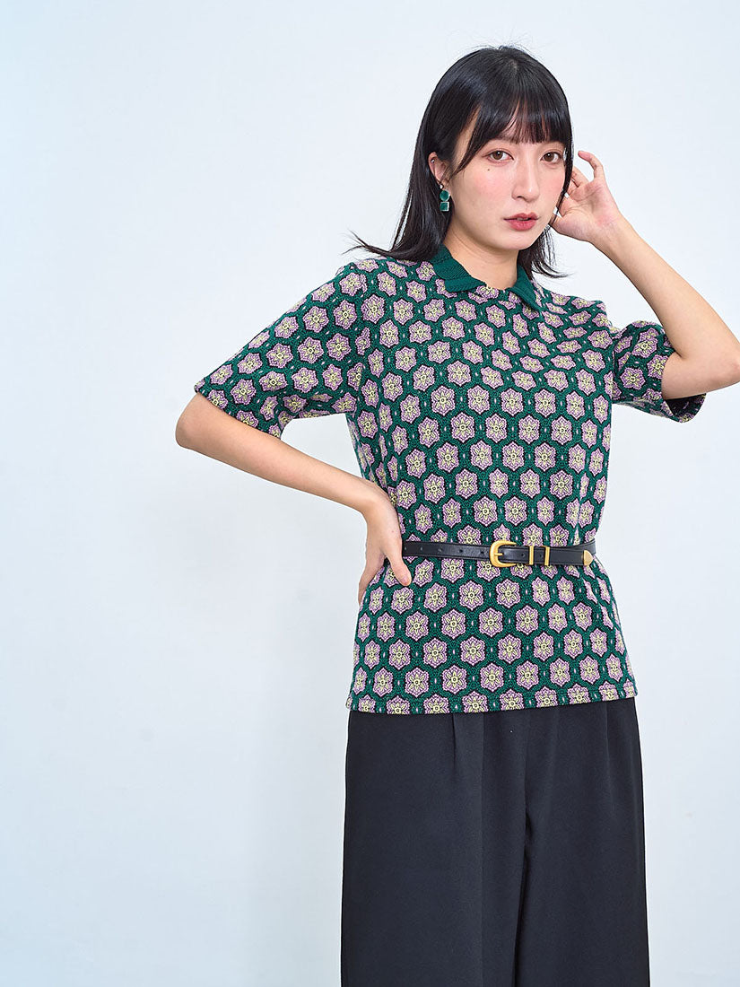 Knitted Collar Vintage Pattern Top (2 Colours)