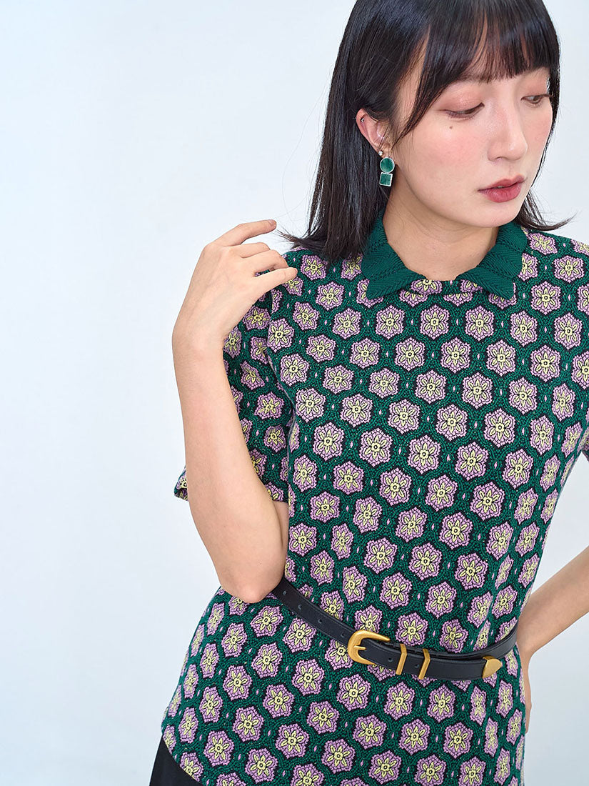 Knitted Collar Vintage Pattern Top (2 Colours)