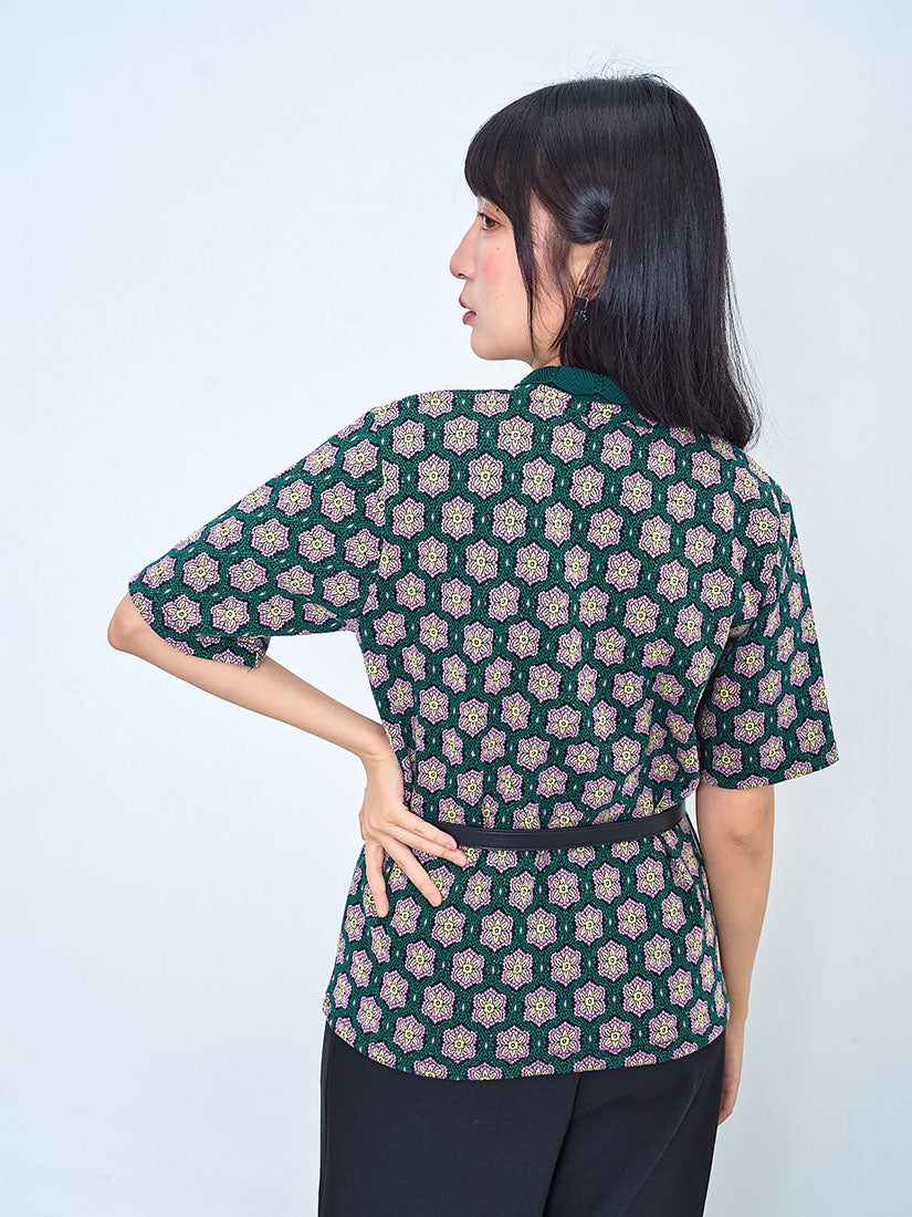 Knitted Collar Vintage Pattern Top (2 Colours)