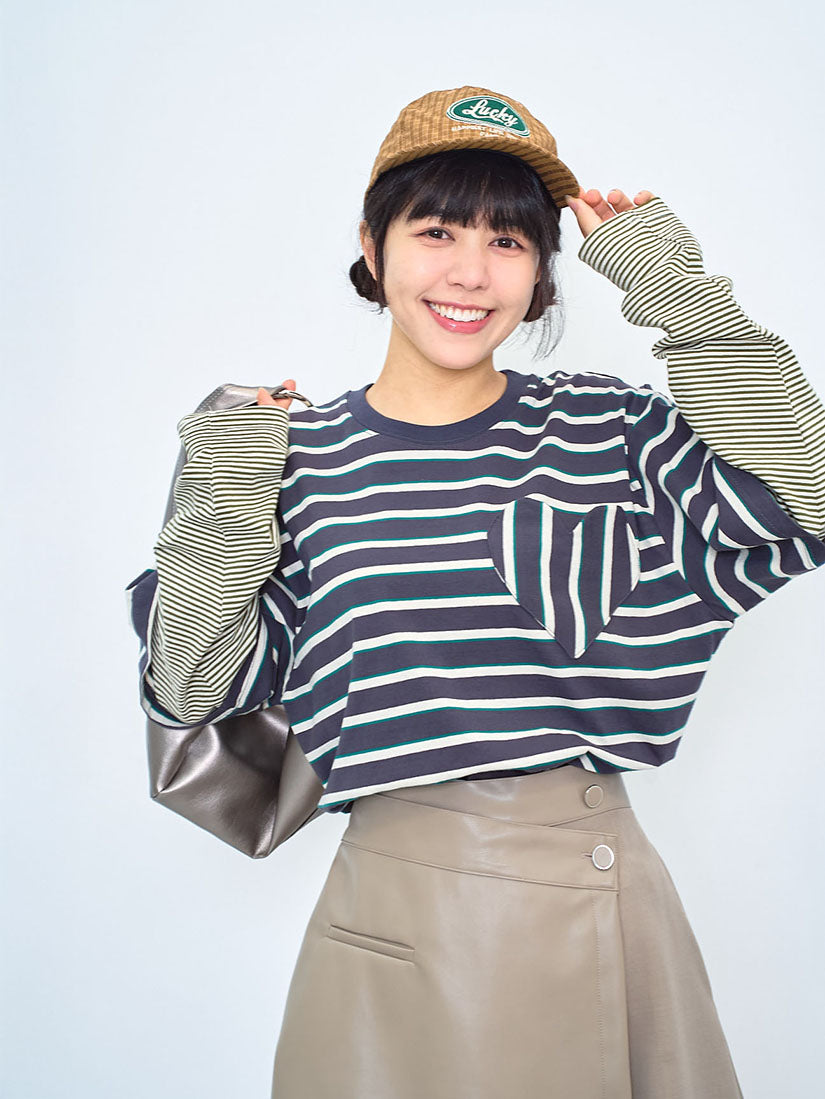 Heart Pocket Double Sleeve Striped Top (2 Colours)