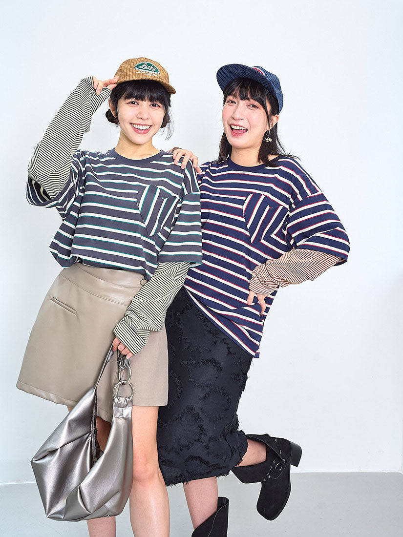 Heart Pocket Double Sleeve Striped Top (2 Colours)