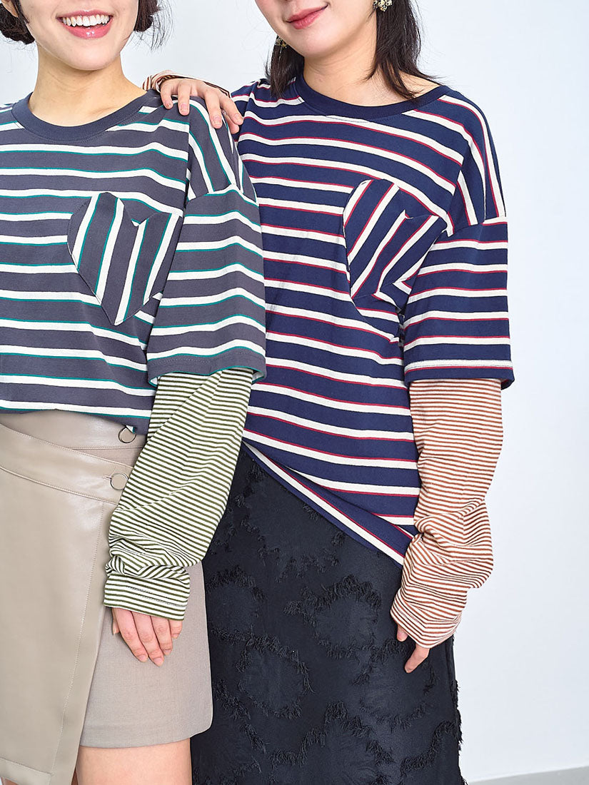 Heart Pocket Double Sleeve Striped Top (2 Colours)