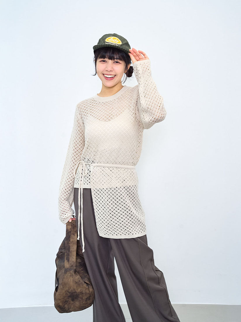 Pointelle Knitted Sweater With Waist Scarf (2 Colours)