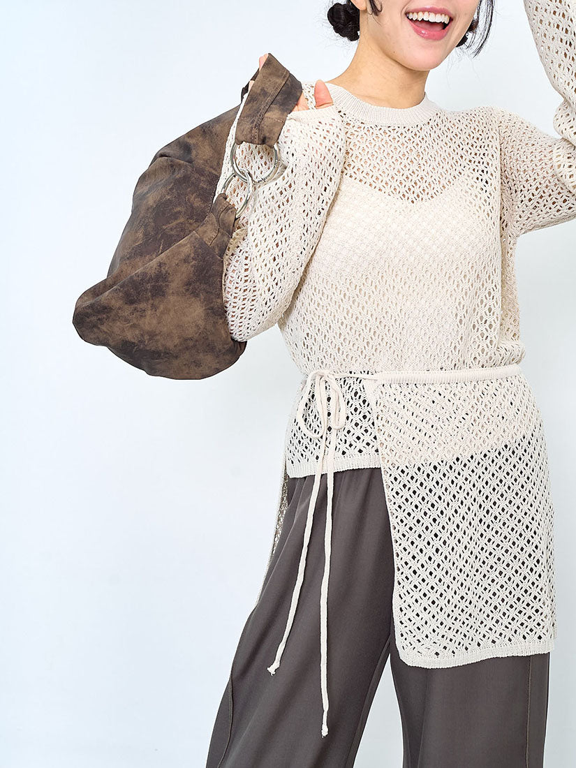Pointelle Knitted Sweater With Waist Scarf (2 Colours)