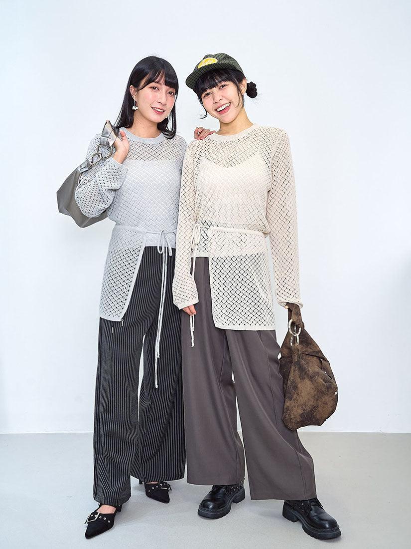 Pointelle Knitted Sweater With Waist Scarf (2 Colours)