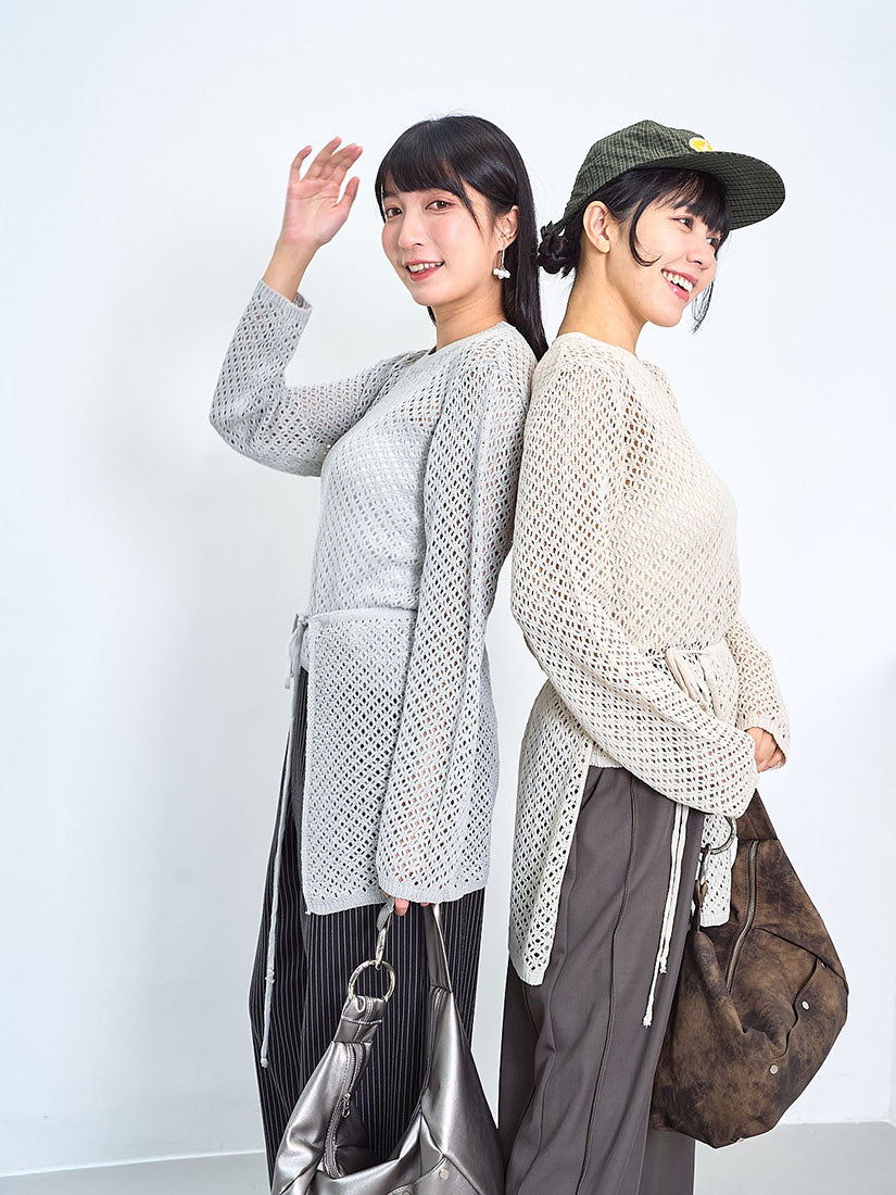Pointelle Knitted Sweater With Waist Scarf (2 Colours)