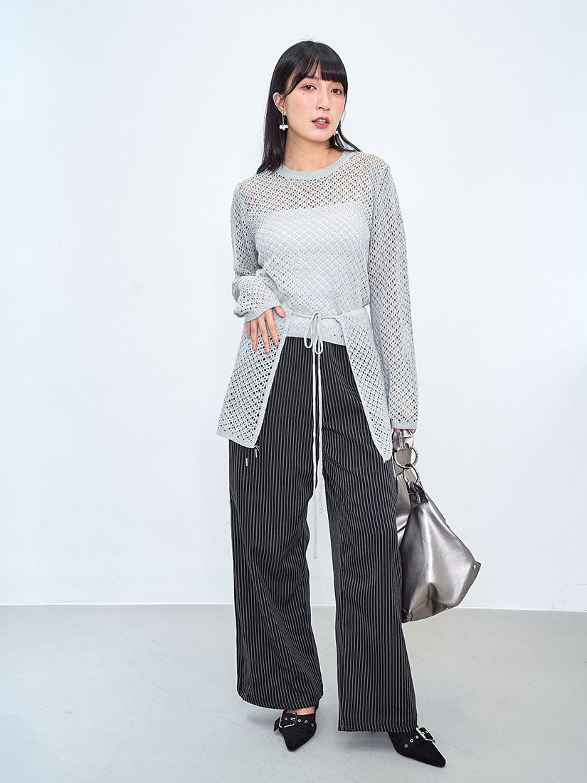 Pointelle Knitted Sweater With Waist Scarf (2 Colours)