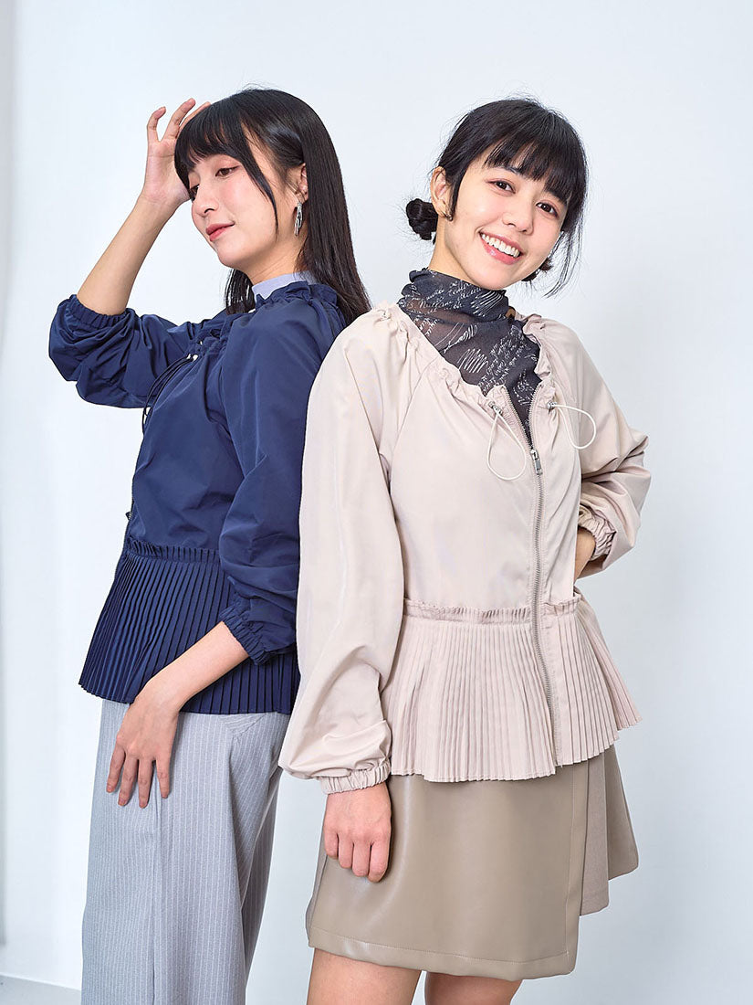 Drawstring Neck Pleated Hem Zip Up Jacket (2 Colours)