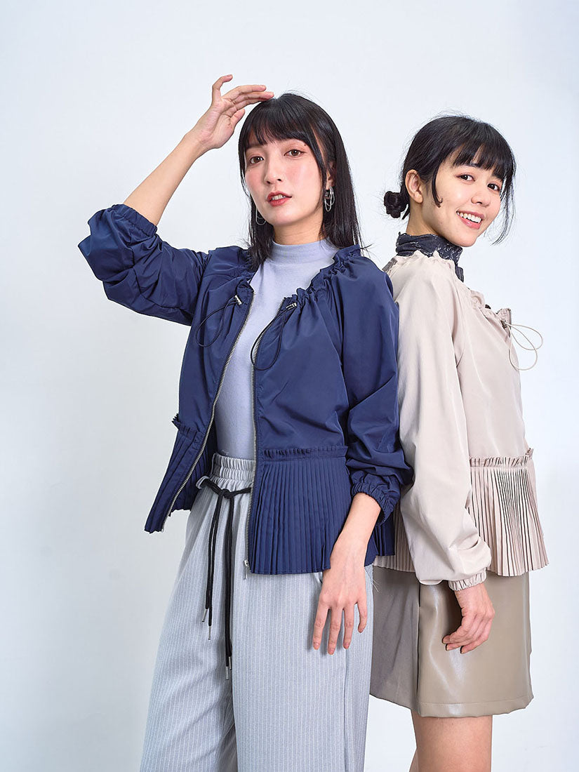 Drawstring Neck Pleated Hem Zip Up Jacket (2 Colours)