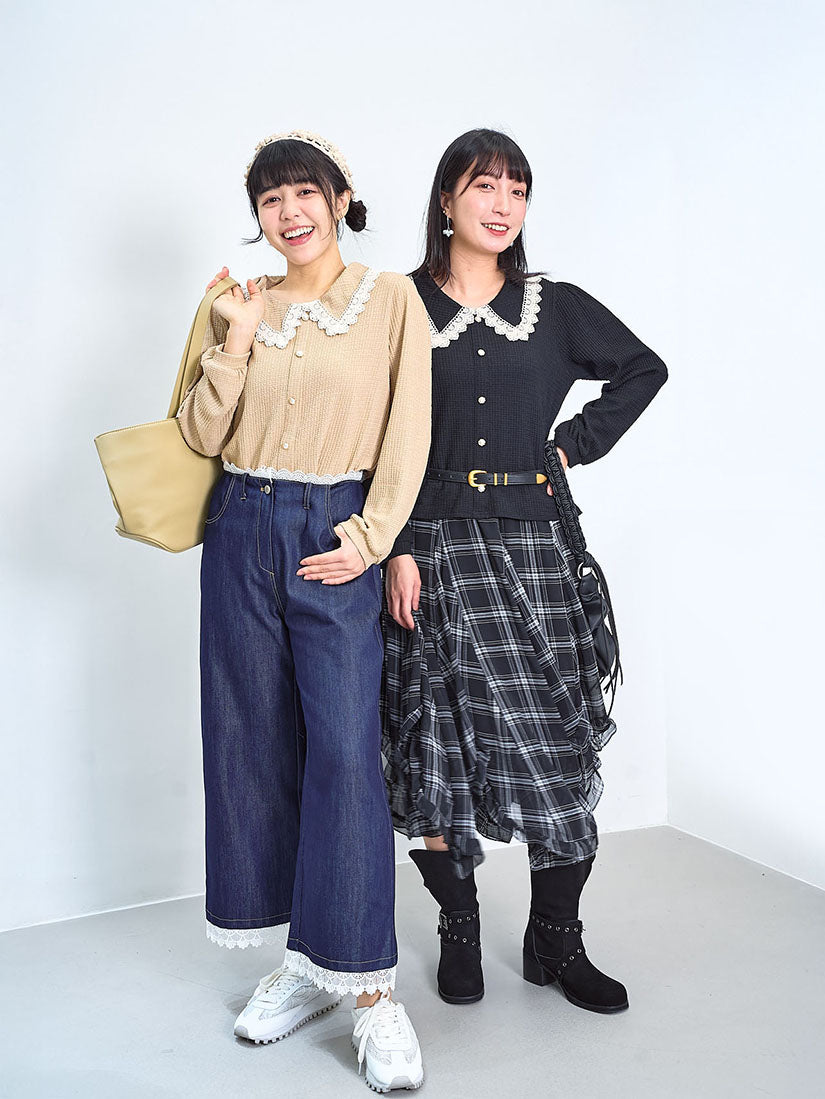 Lace Trim Collar Wrinkle Top (2 Colours)