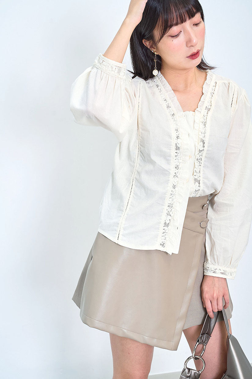 Lace Trim V Neck Blouse