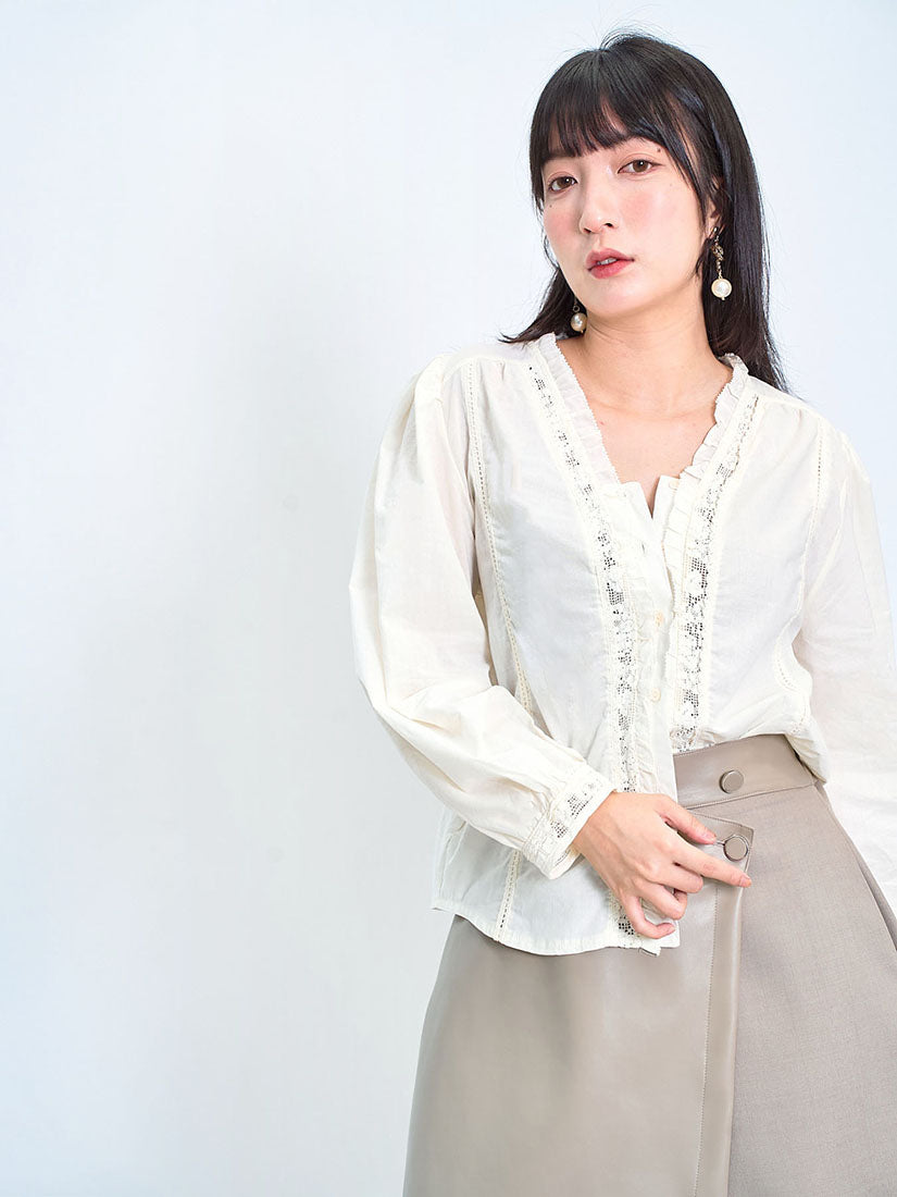 Lace Trim V Neck Blouse