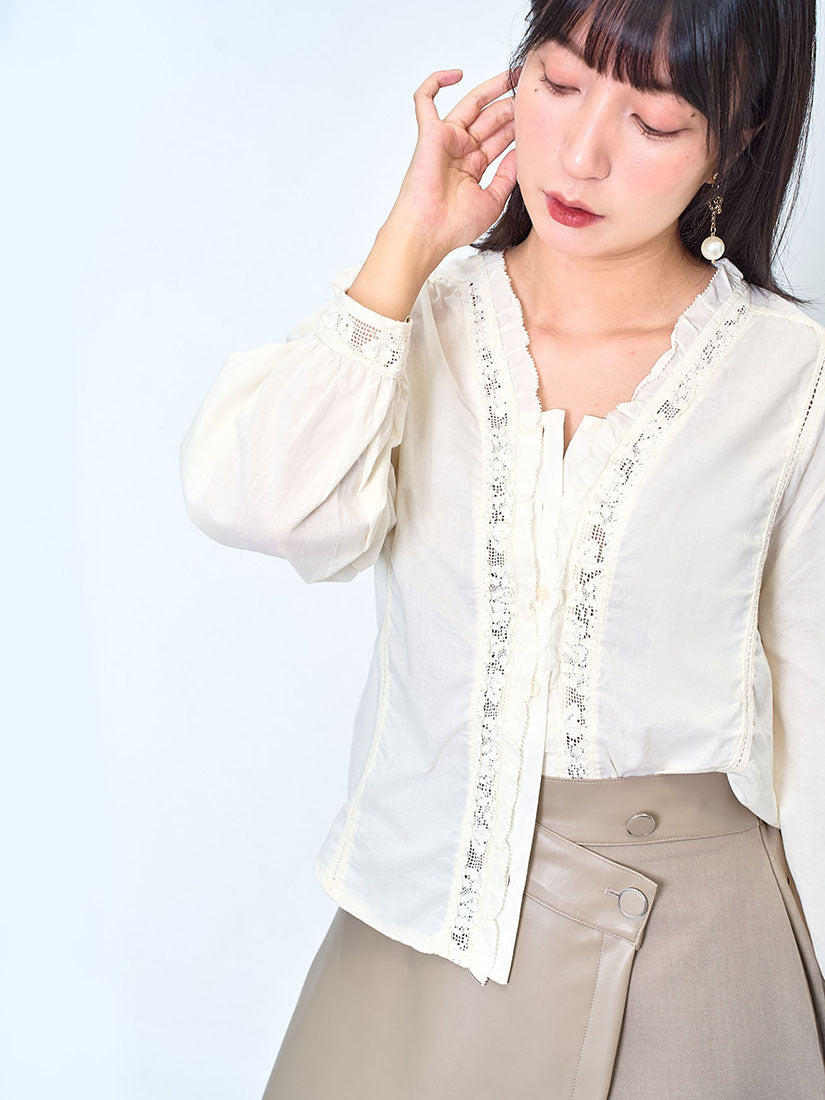 Lace Trim V Neck Blouse