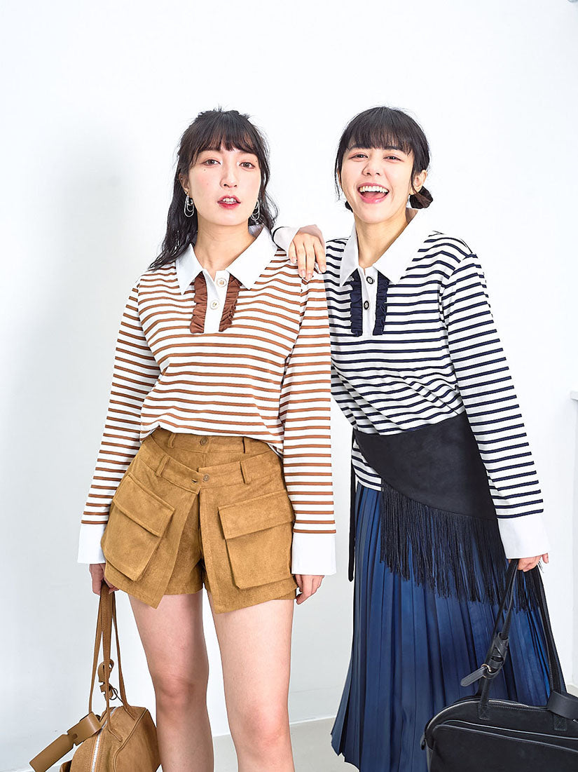Ruffle Trim Striped Polo Top (2 Colours)