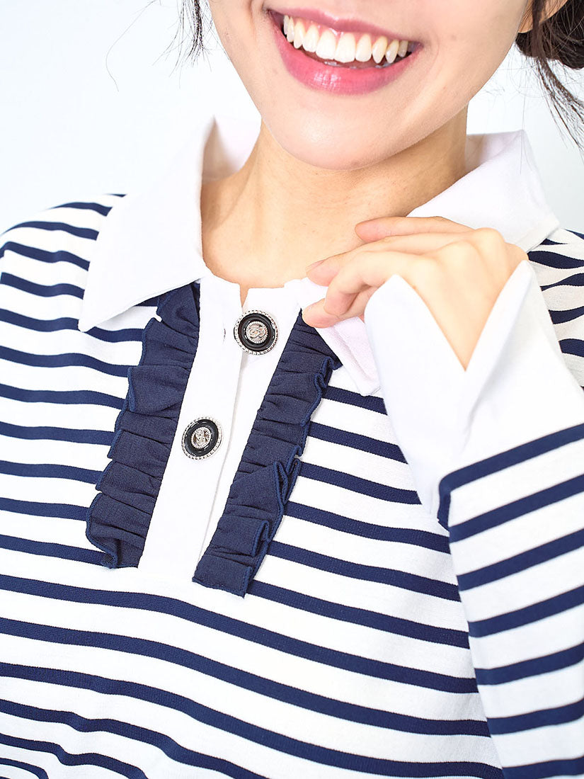 Ruffle Trim Striped Polo Top (2 Colours)