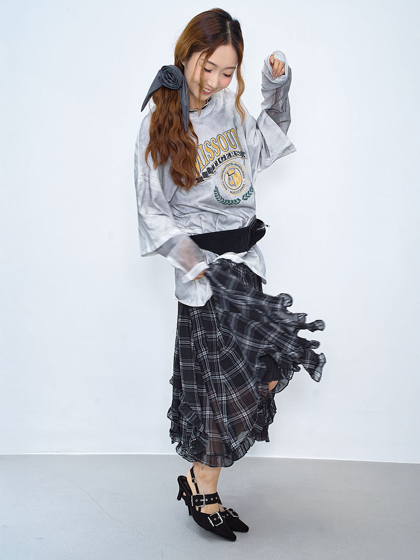 Ruffle Curve Hem Checkered Printed Skirt (2 Colours)