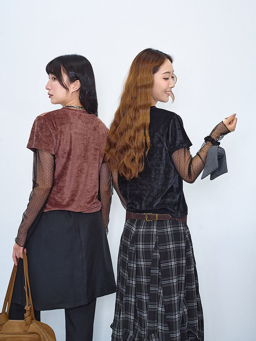 Dot Mesh Sleeve Fleece Tee (2 Colours)