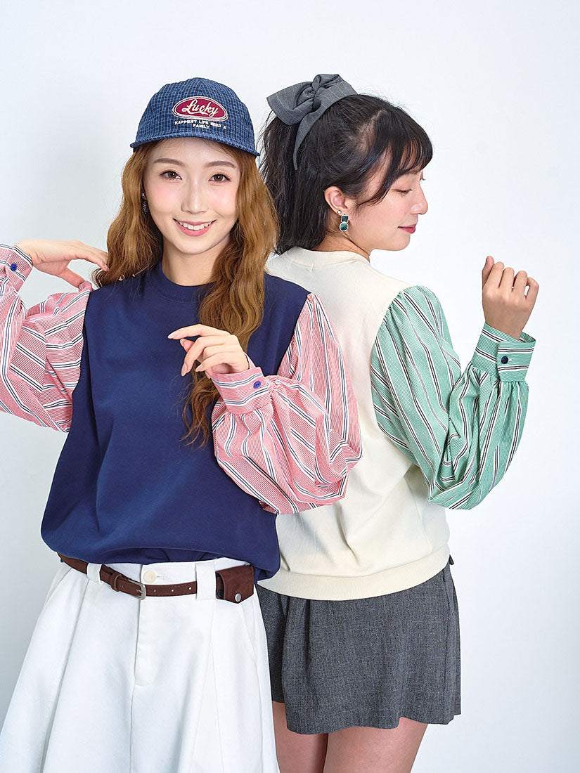 Striped Shirt Sleeve Sweatshirt (2 Colours)
