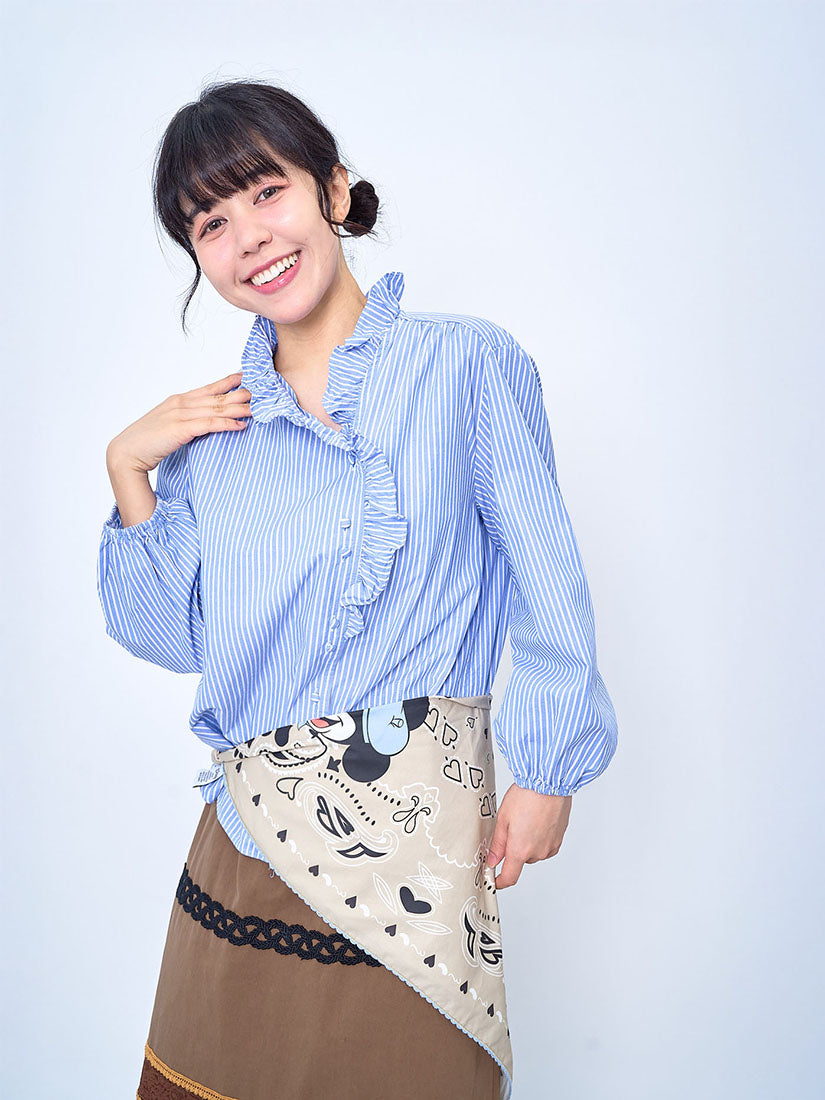 Ruffle Trim Side Button Striped Shirt