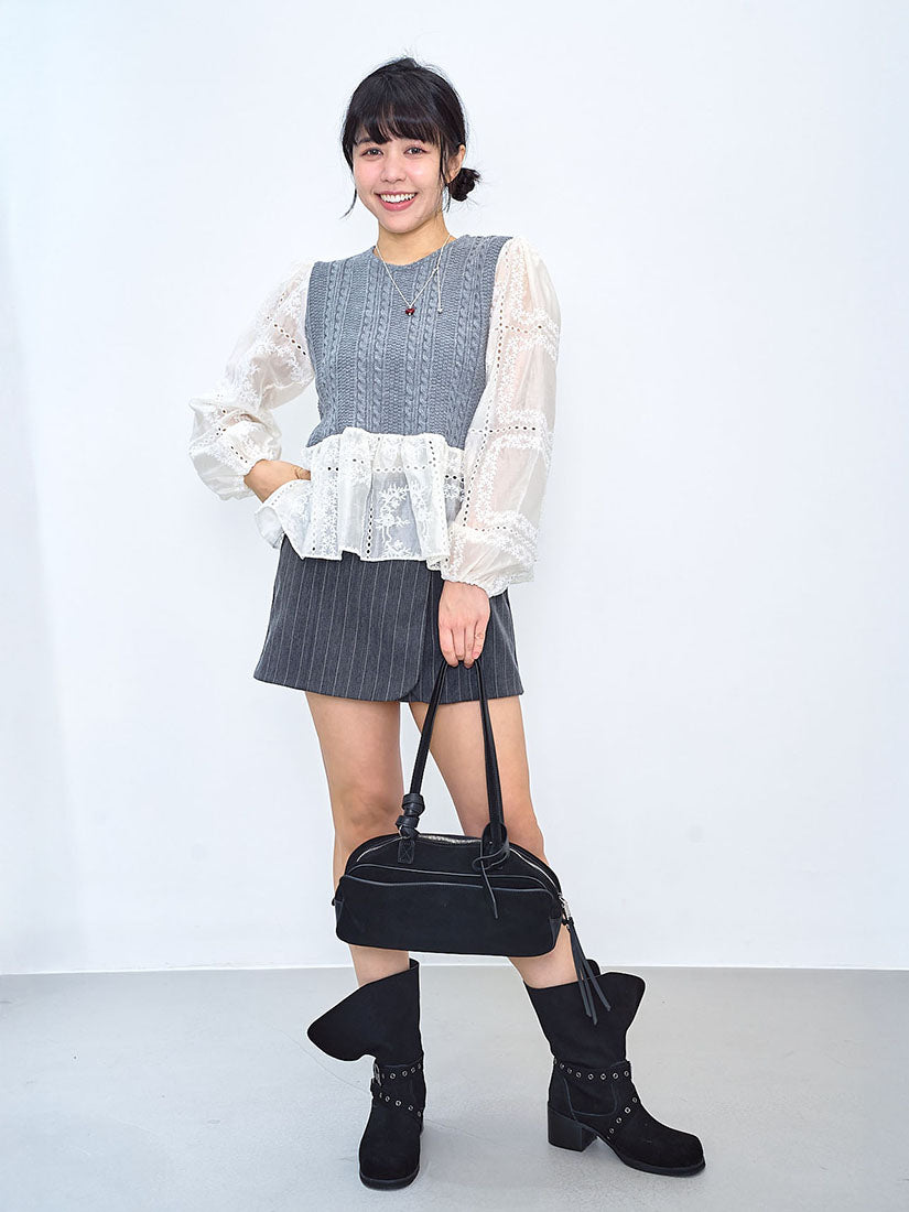 Cabled Knit Panel Embroidered Silky Sleeve Top (2 Colours)