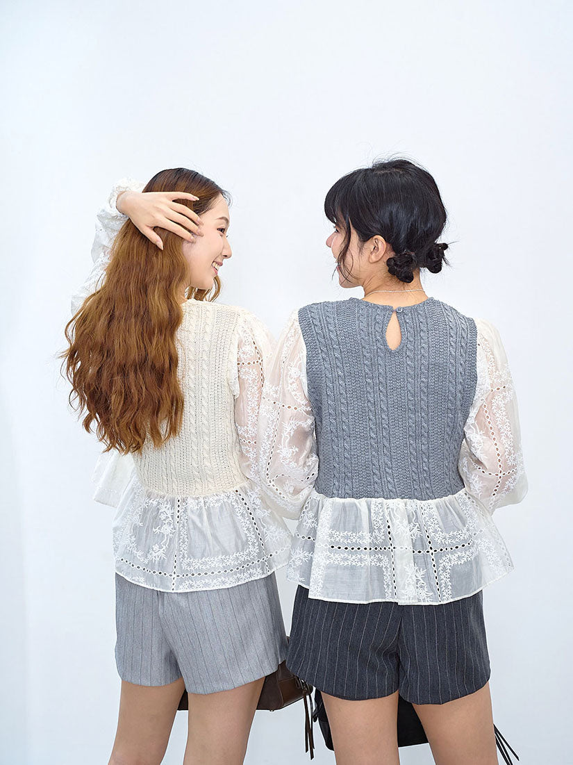 Cabled Knit Panel Embroidered Silky Sleeve Top (2 Colours)