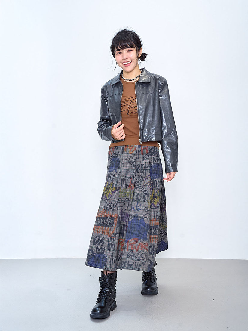 Graffiti Plaid Pleated Skirt