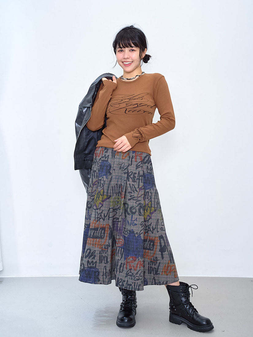 Graffiti Plaid Pleated Skirt