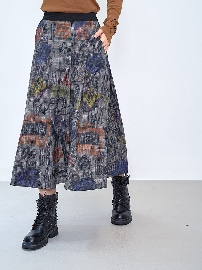 Graffiti Plaid Pleated Skirt
