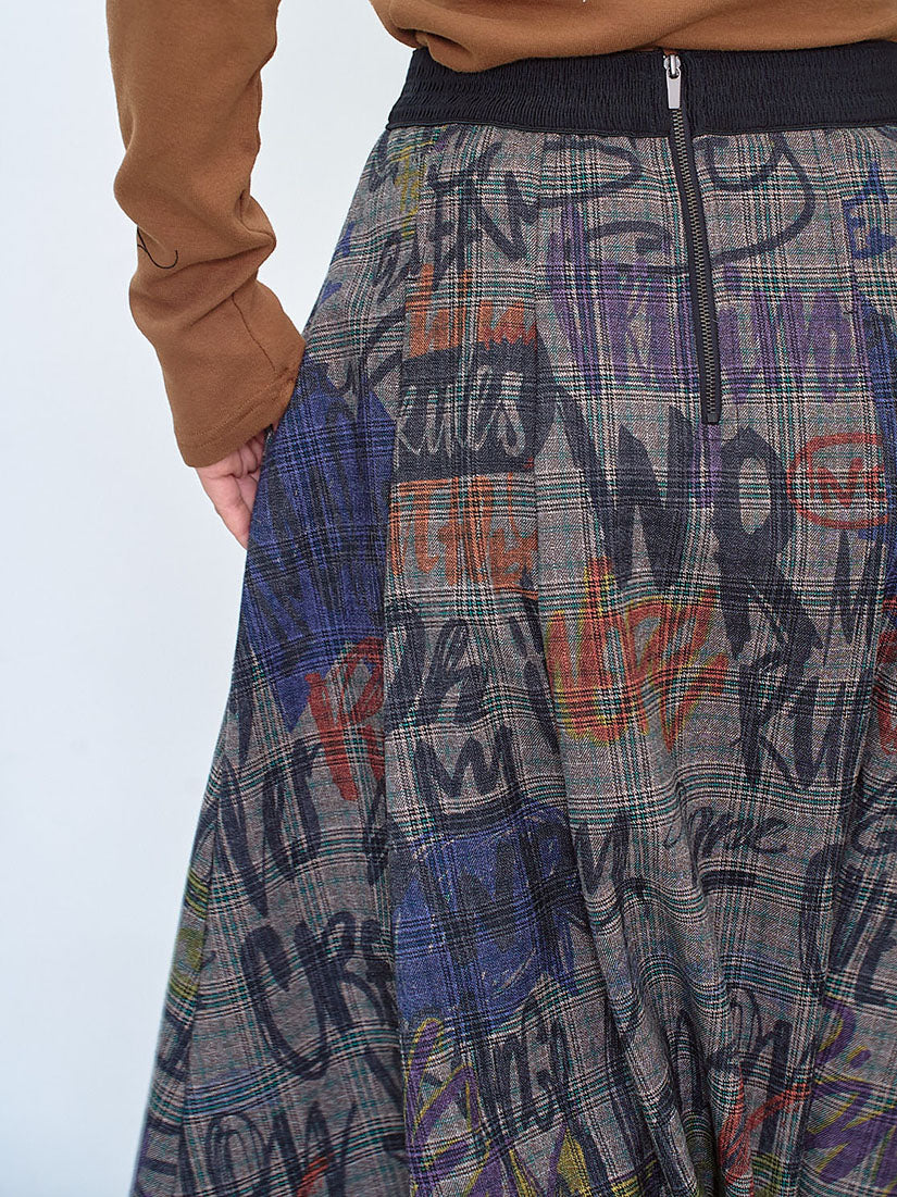 Graffiti Plaid Pleated Skirt