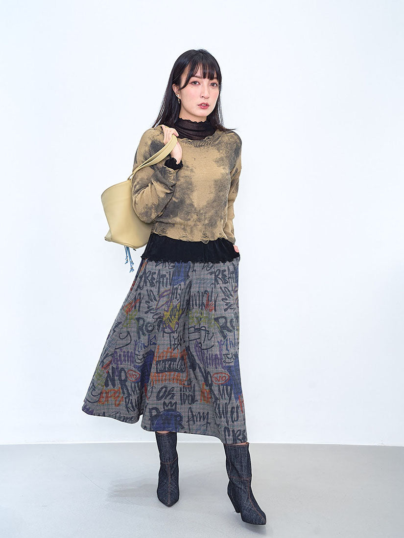 Graffiti Plaid Pleated Skirt