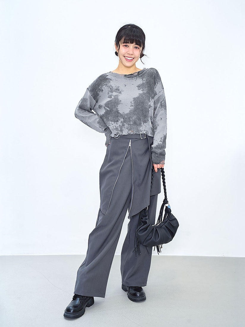 Belted Asymmetric Zip Skirt Pants (2 Colours)