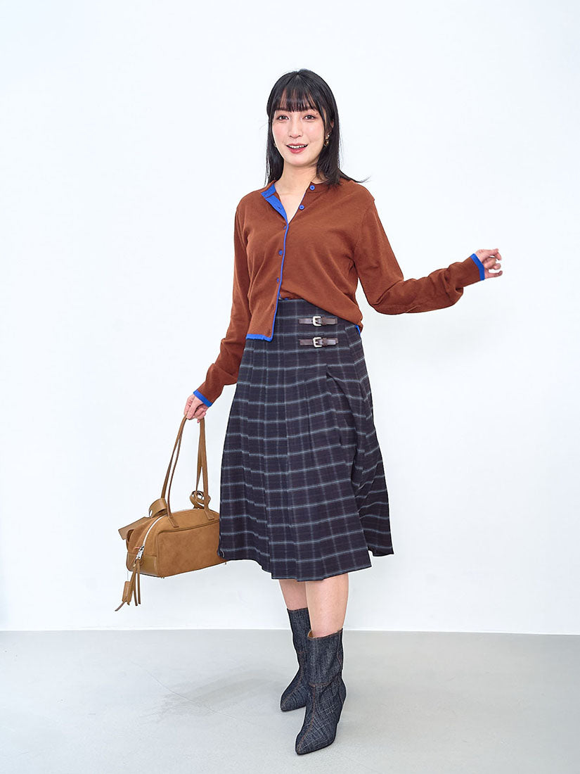Buckle Front Pleated Brushed Plaid Skirt (2 Colours)