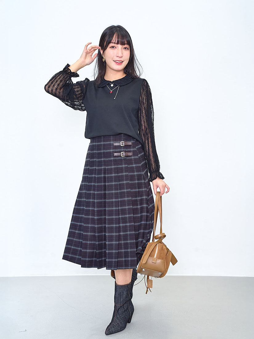 Buckle Front Pleated Brushed Plaid Skirt (2 Colours)