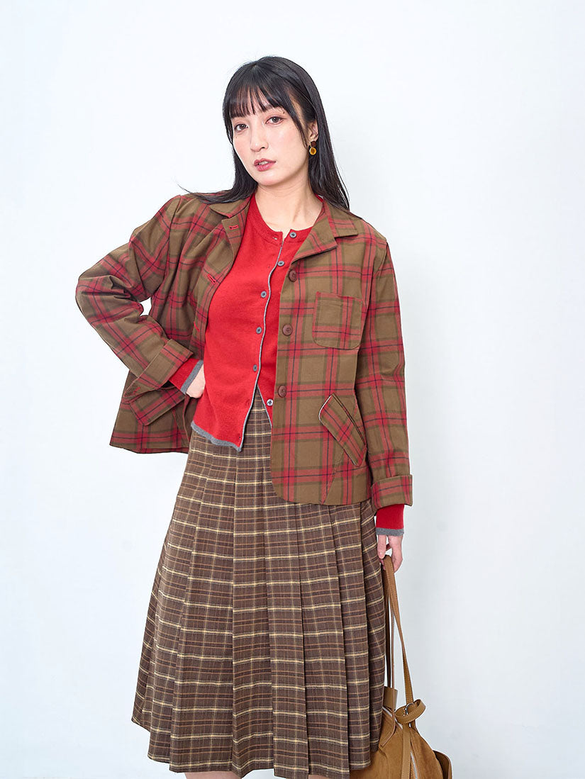 Buckle Front Pleated Brushed Plaid Skirt (2 Colours)