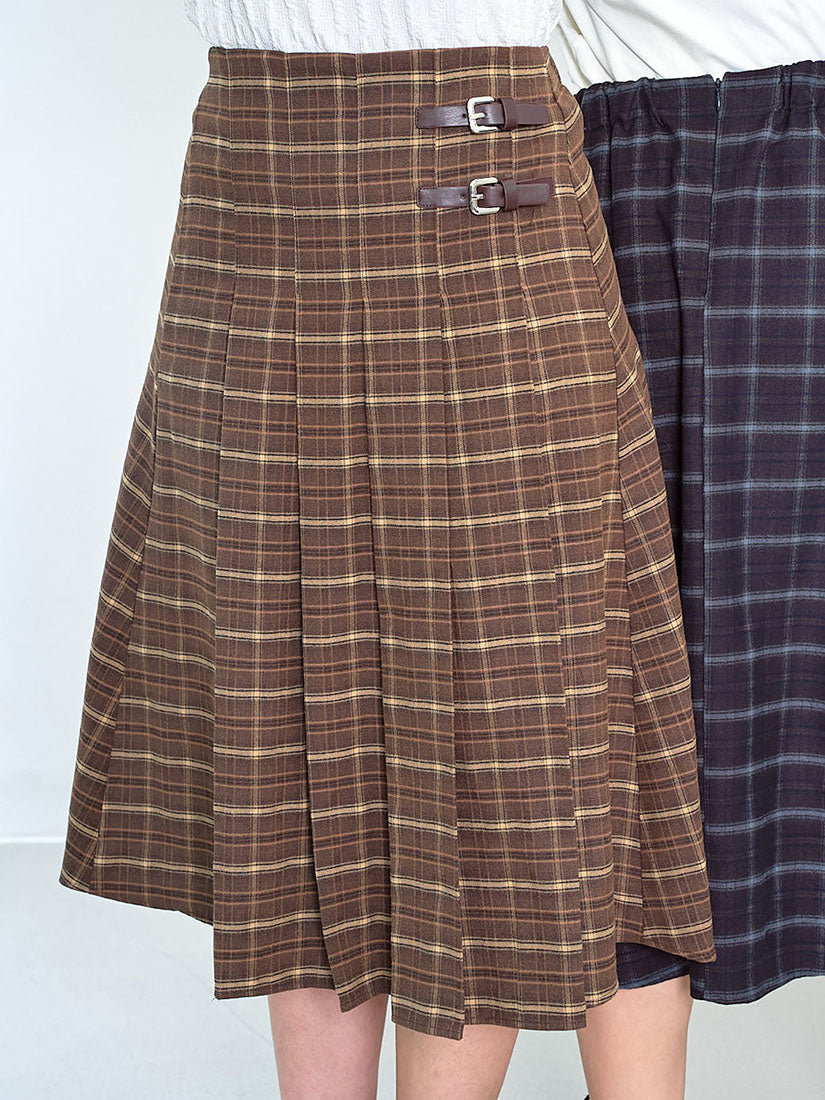 Buckle Front Pleated Brushed Plaid Skirt (2 Colours)