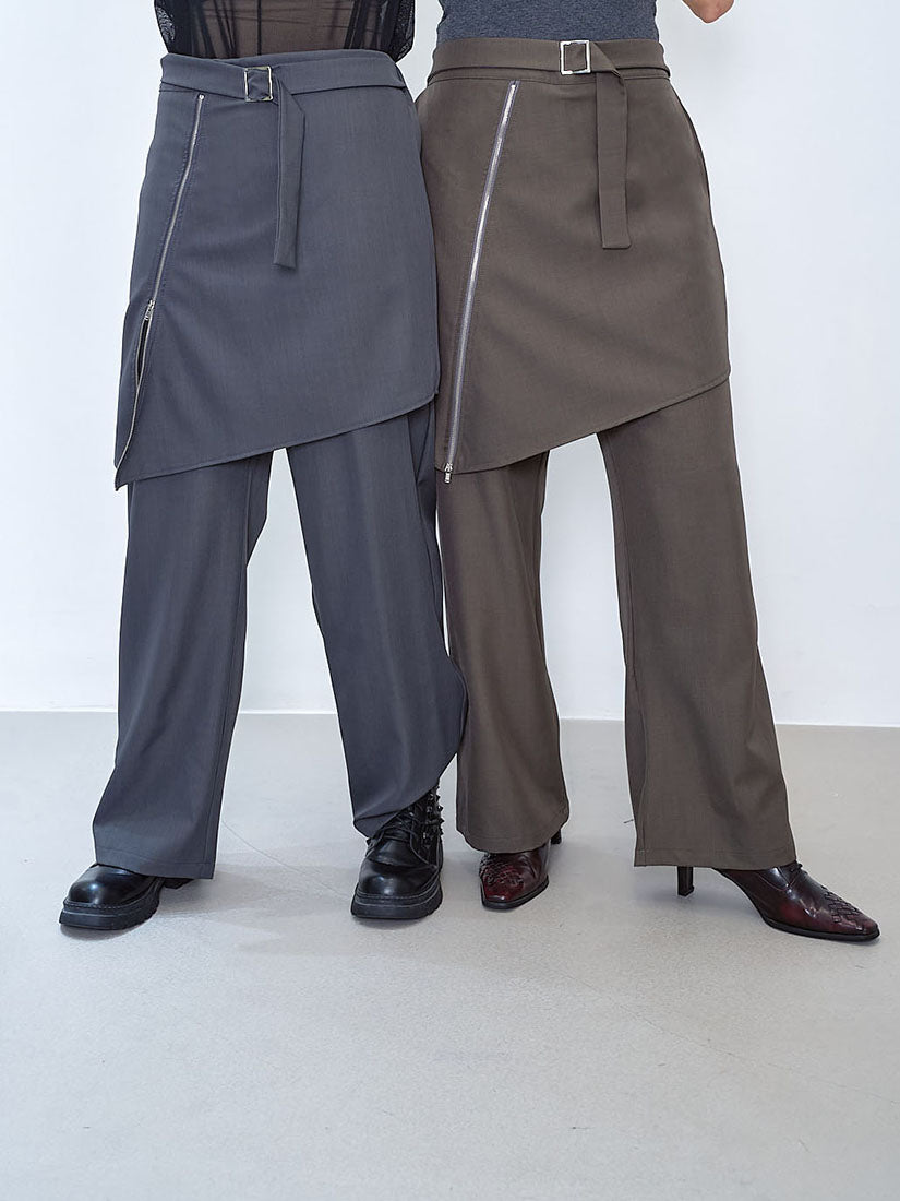 Belted Asymmetric Zip Skirt Pants (2 Colours)