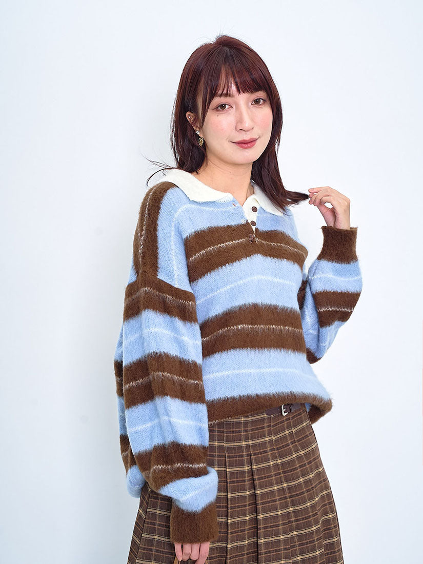 Polo Neck Striped Brush Sweater (2 Colours)