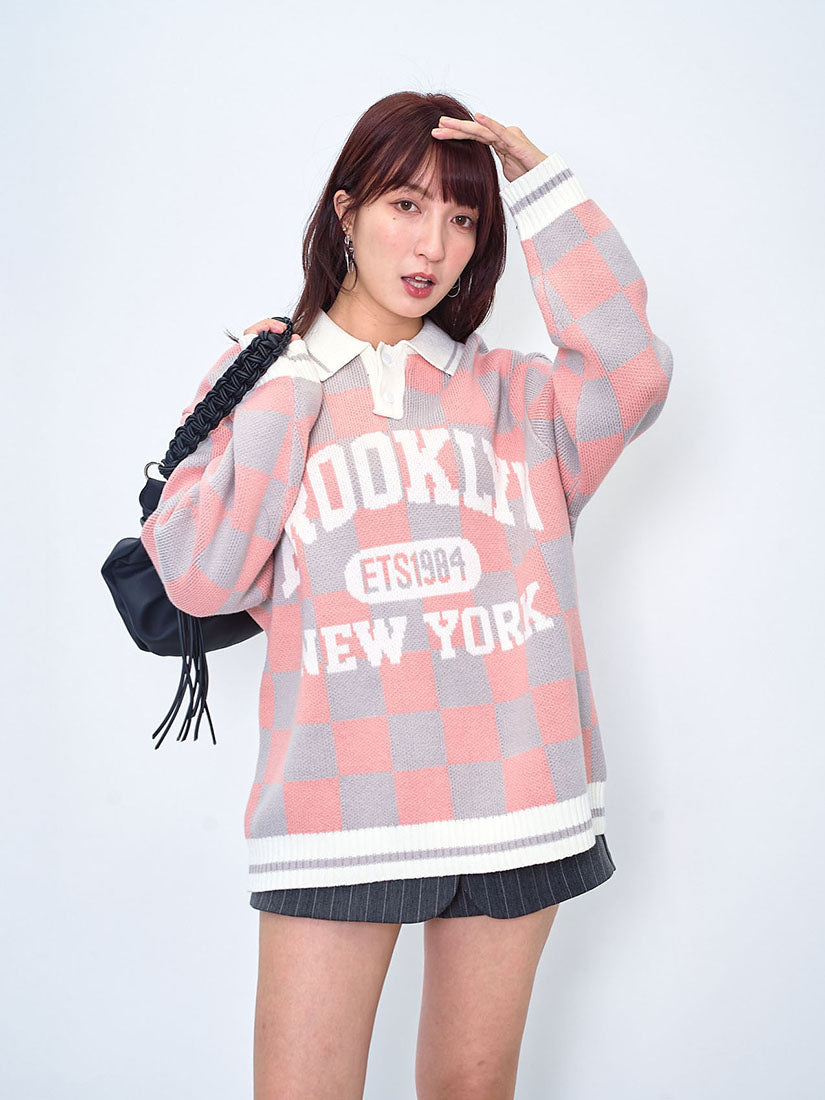 Polo Neck Checks Jacquard Sweater (2 Colours)