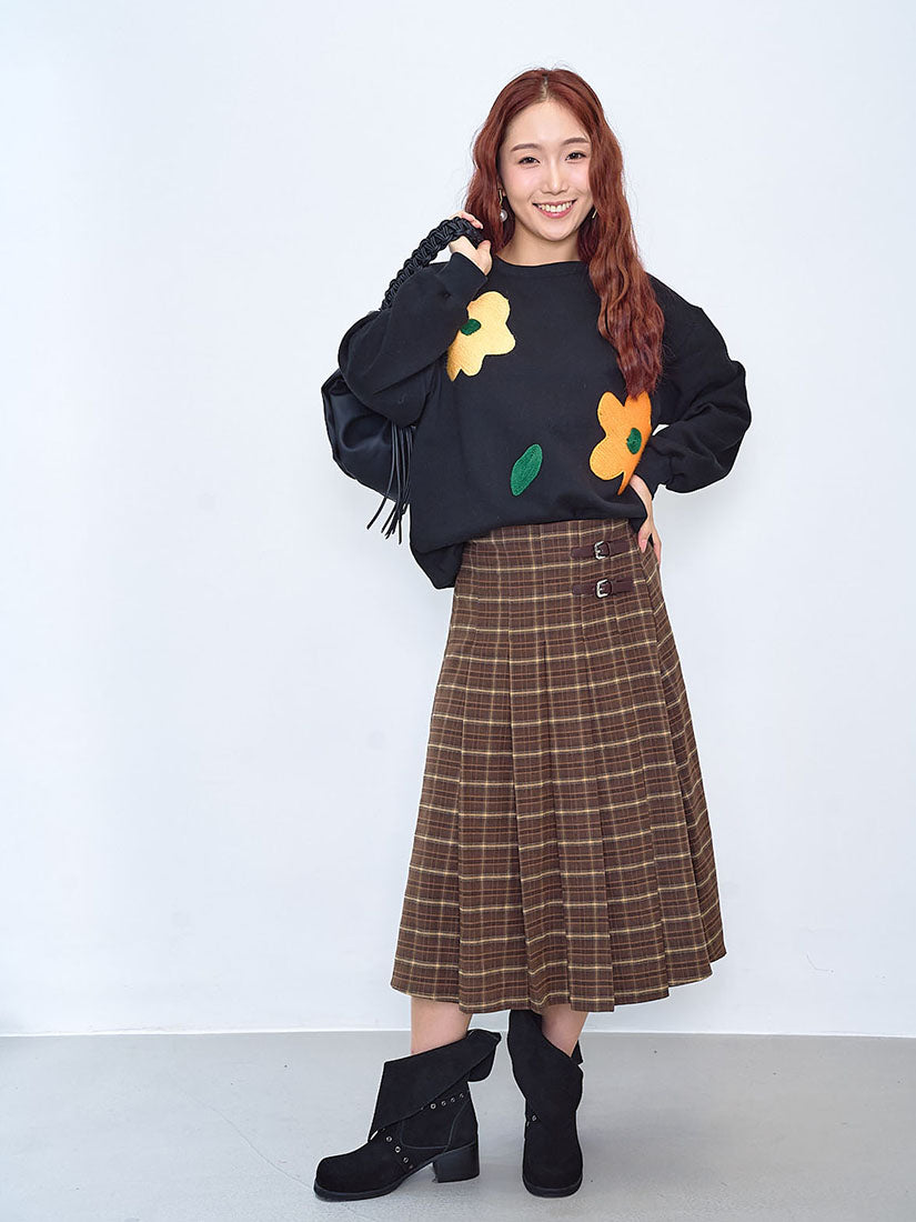 Buckle Front Pleated Brushed Plaid Skirt (2 Colours)