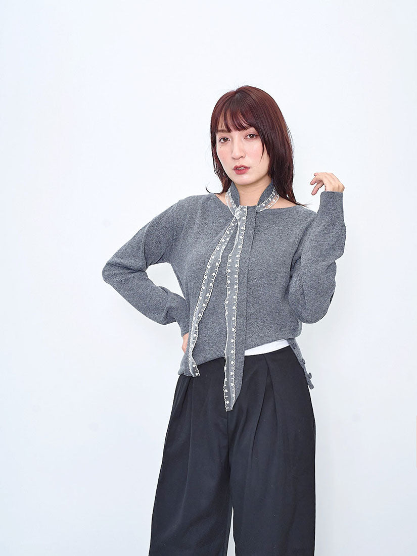 Lace Trim Scarf Woollen Sweater (2 Colours)