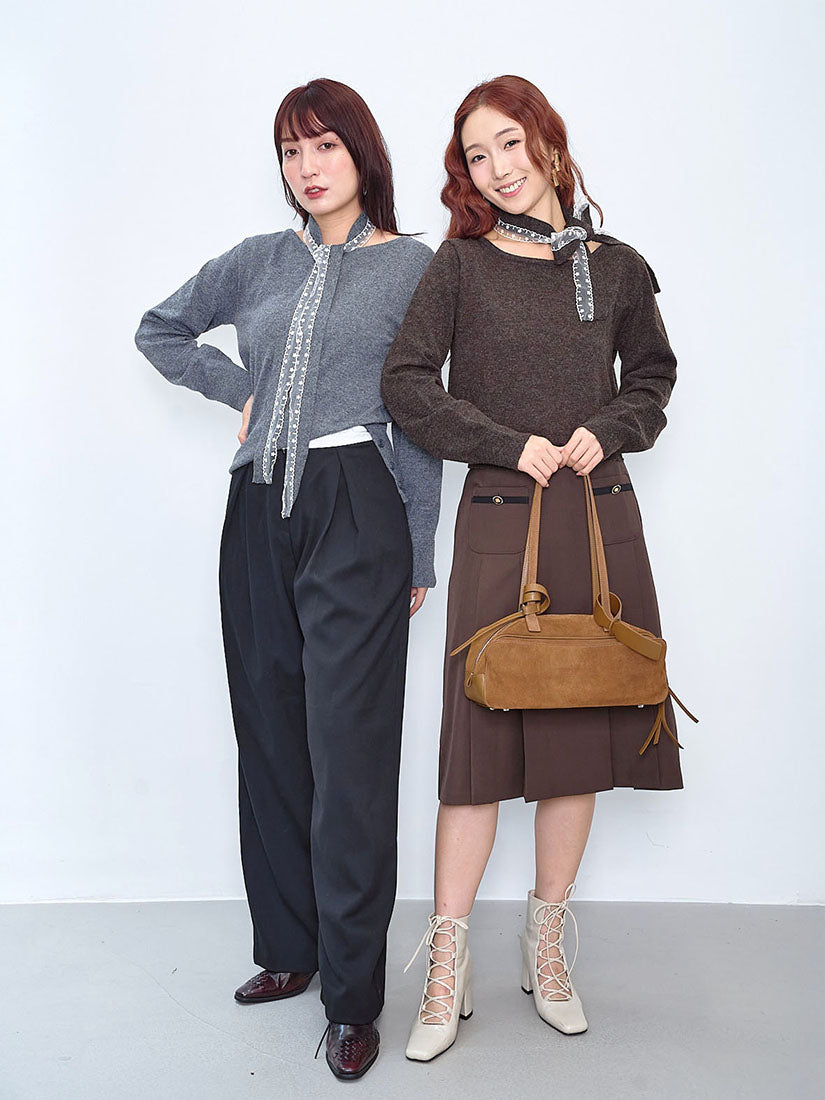 Lace Trim Scarf Woollen Sweater (2 Colours)