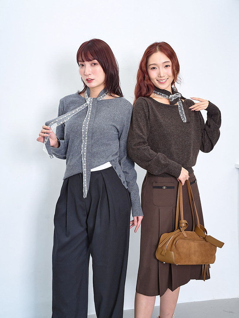 Lace Trim Scarf Woollen Sweater (2 Colours)