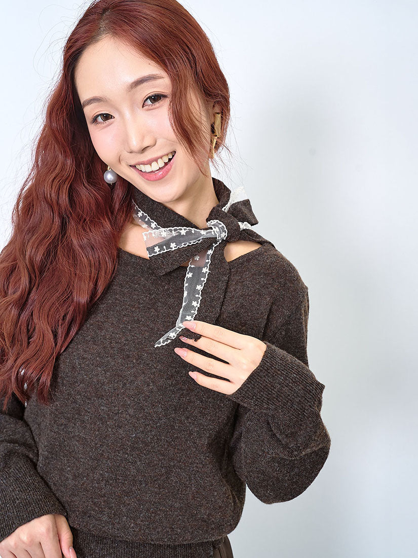 Lace Trim Scarf Woollen Sweater (2 Colours)