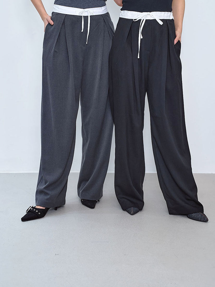 Contrast Drawstring Waistband Pleated Front Pants (2 Colours)