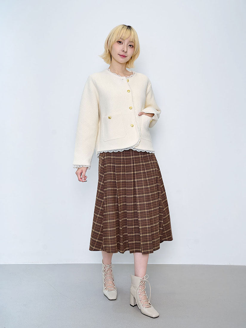 Buckle Front Pleated Brushed Plaid Skirt (2 Colours)