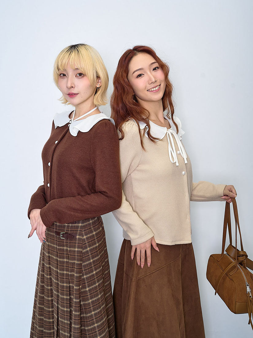 Contrast Peter Pan Collar Brushed Cardigan(2 Colours)